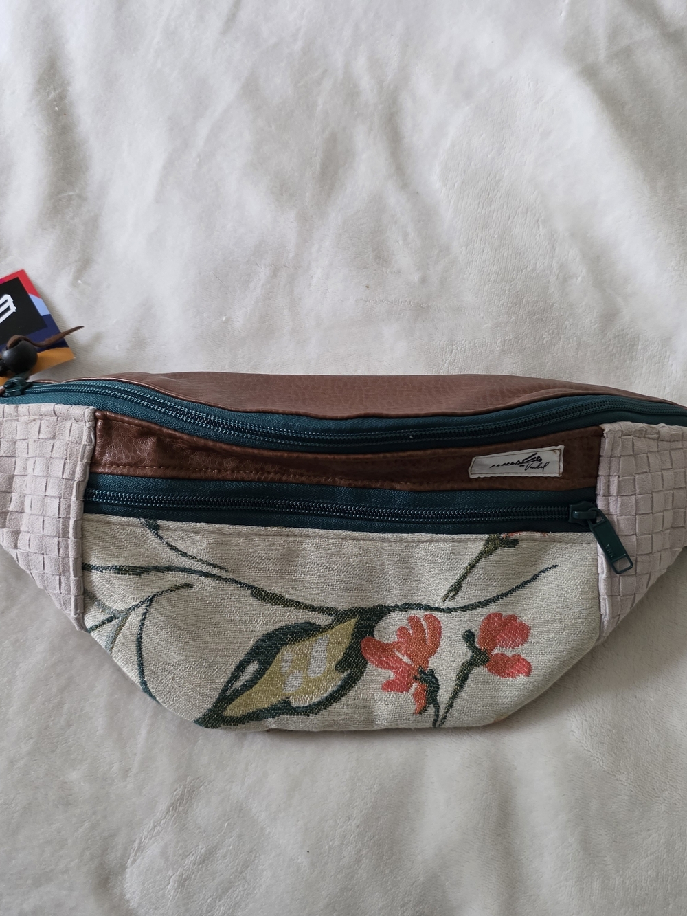 Handcrafted Floral Canvas & Brown Leather Waist Bag - Teal Zippers